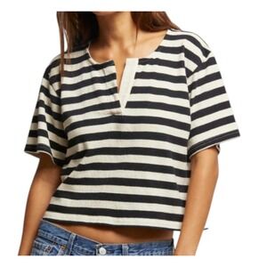PERFECT WHITE TEE Black Striped Top SARAH NOTCHED NECK Cropped ‼️REPAIRED‼️ sz M